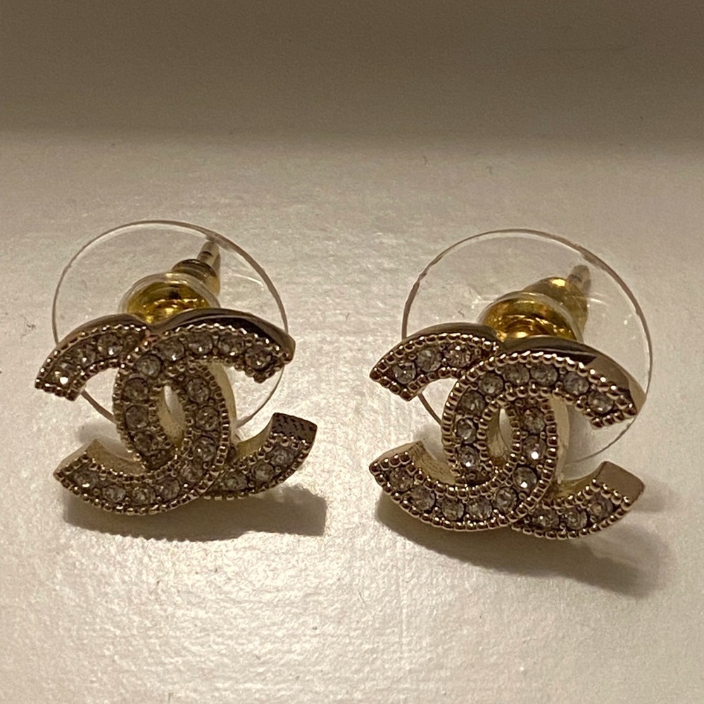 Chanel Gold Metal and Silver Crystal Mini Tiny Classic Stud Earrings - Picture 2 of 10